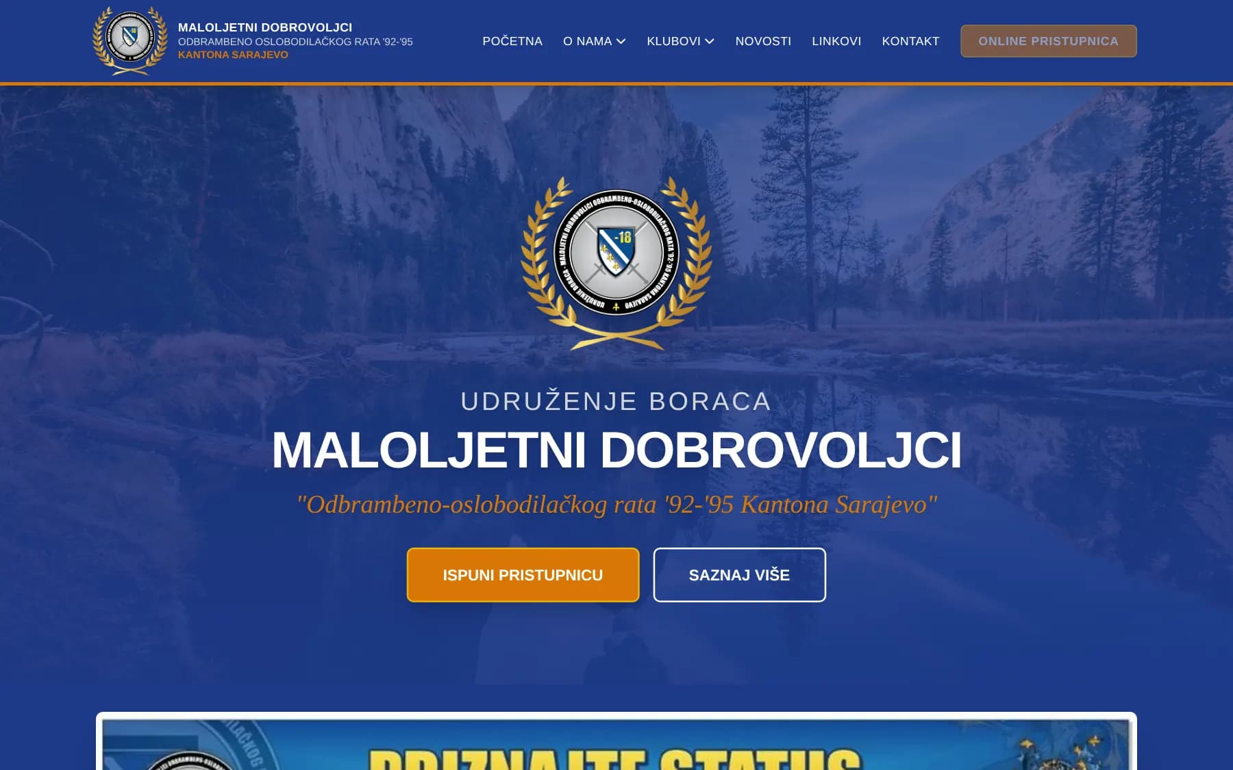 Naslovna, sa grbom udruženja i najnovijim vijestima.